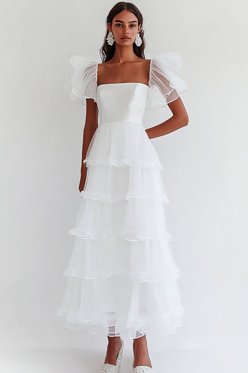 A Line White Tiered Ruffled Long Engagement Dress with Short Sleeves